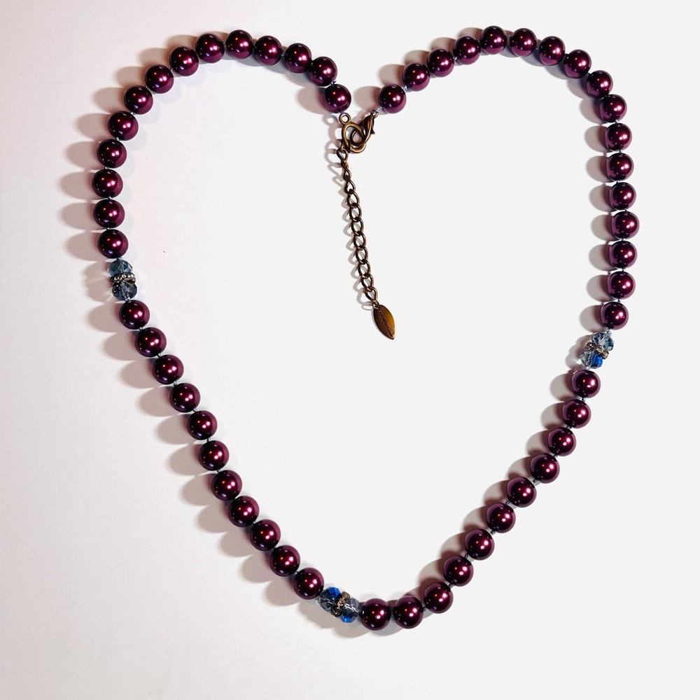 COLDWATER CREEK Beaded Necklace Plum Purple Faux Pearl Blue Crystal Beads